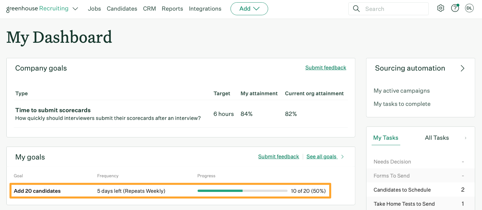 Screenshot of example candidates added goal on My Dashboard