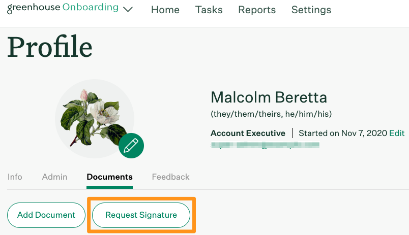 Screenshot of the request signature button. 