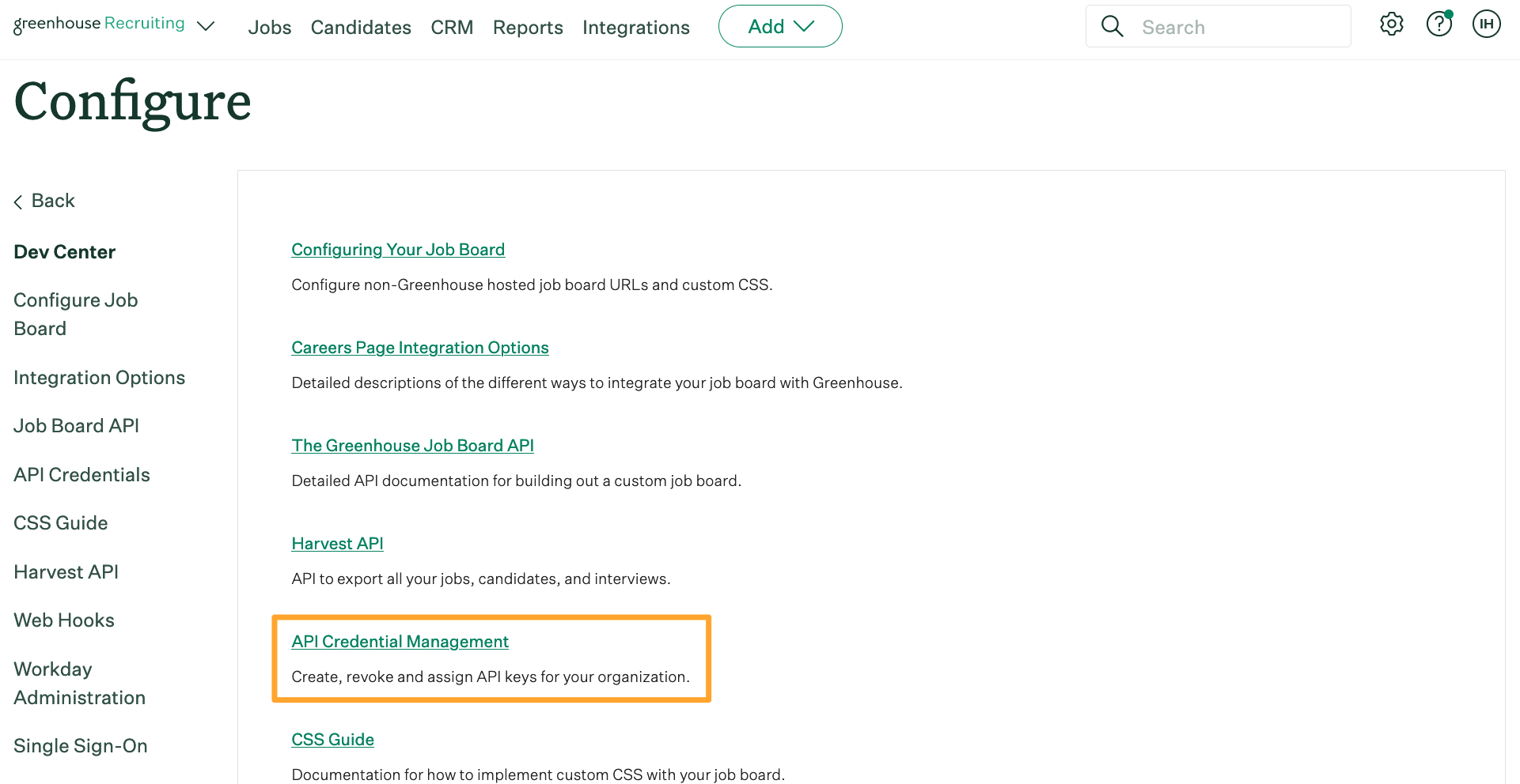 Screenshot of API credential management button
