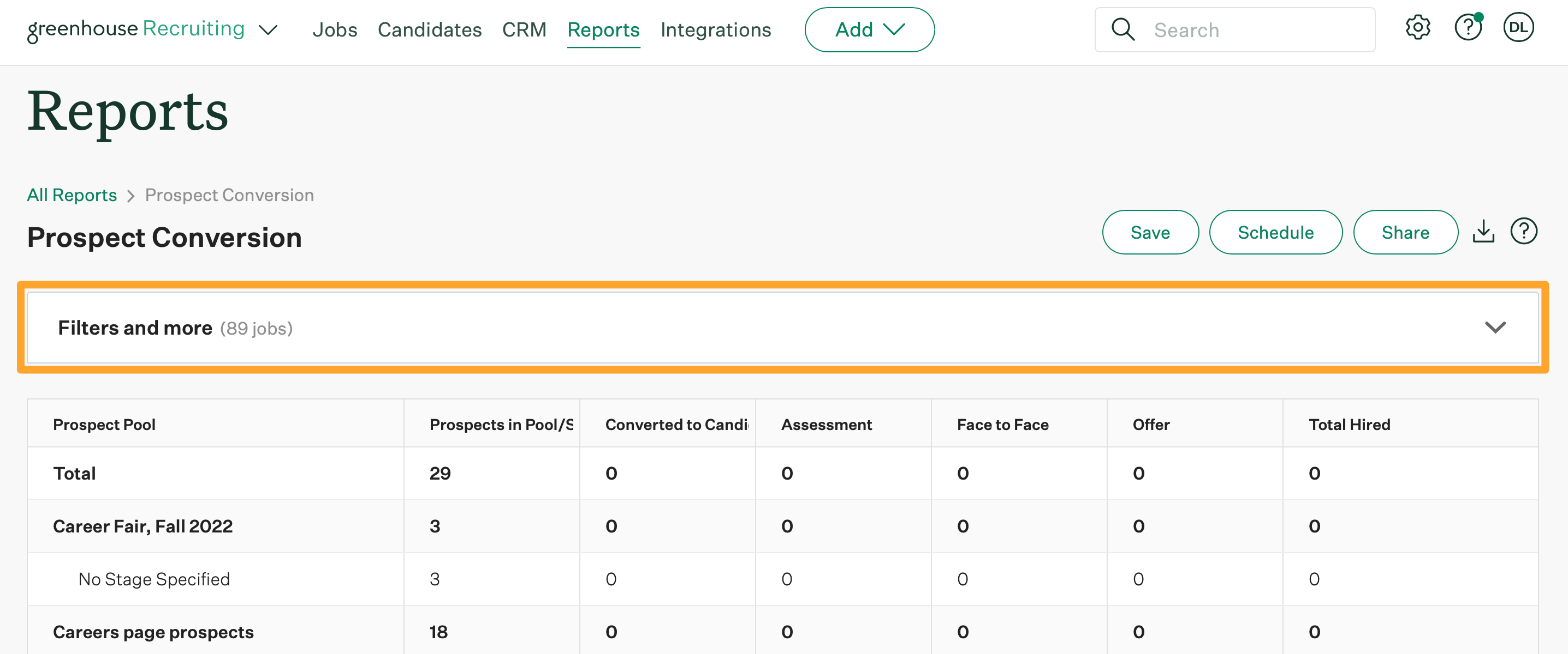 Screenshot of filters and more on the prospect conversion report