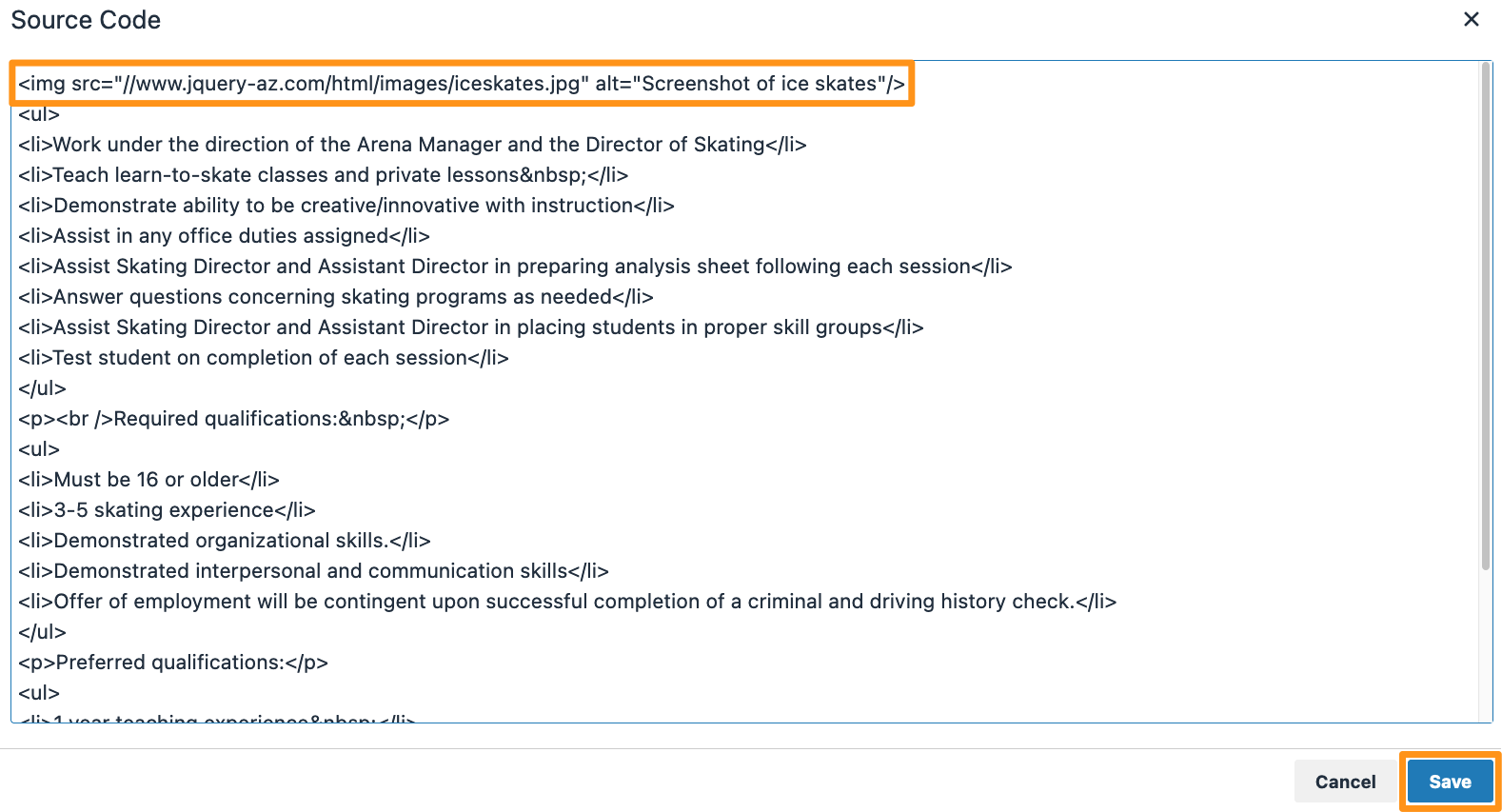 Screenshot of the source code box. 