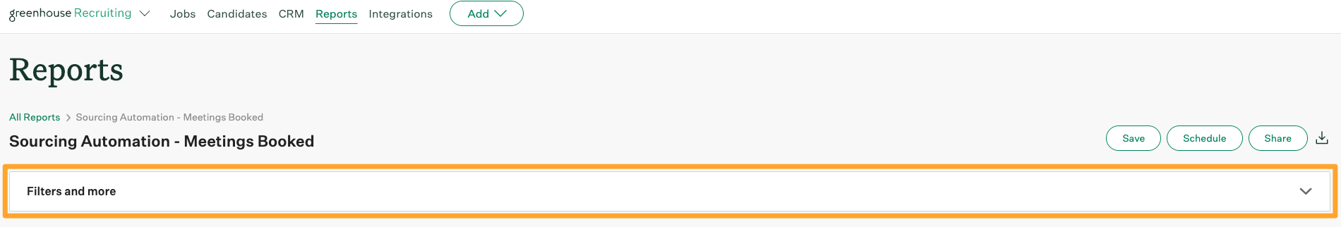Screenshot of Filters and more button on a meetings booked report