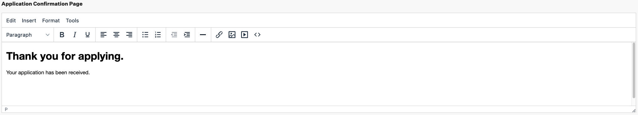 Screenshot of the application confirmation page section.