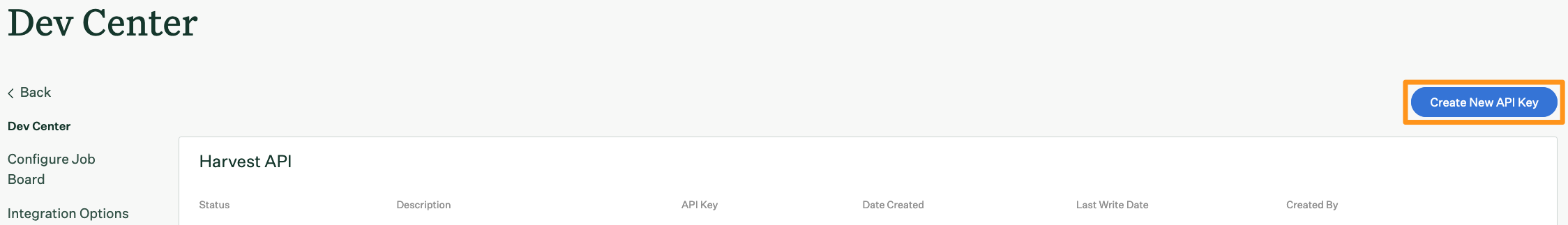 Screenshot of the create new api key. 