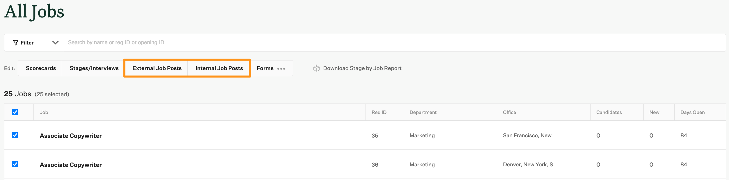 Screenshot of the all jobs dashboard