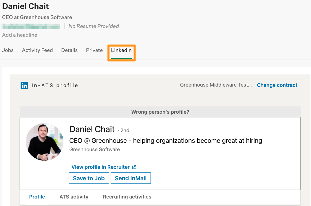 An example candidate in Greenhouse Recruiting named Daniel Chait is shown with the LinkedIn tab offering a preview of his LinkedIn profile