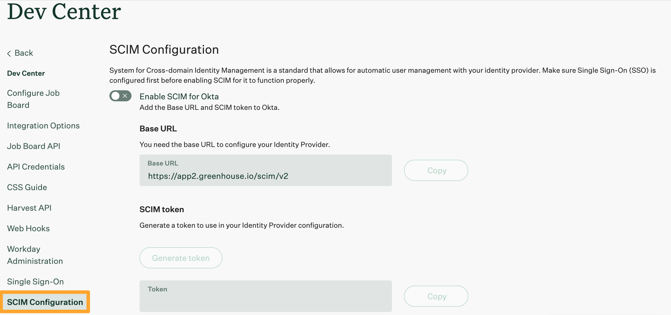 Screenshot of the SCIM configuration page