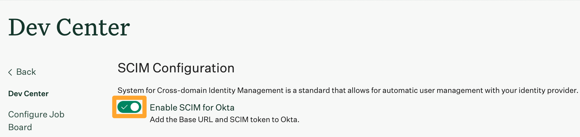 Screenshot of the enable SCIM for okta toggle