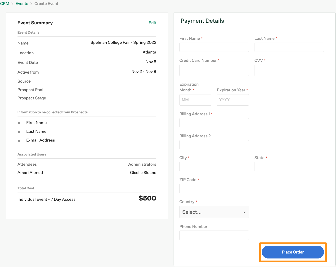 Screenshot of the payment details page. 