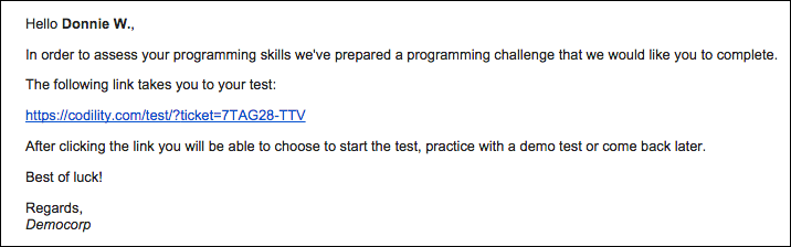 An example email is shown to a candidate named Donnie that includes the link to complete the Codility test