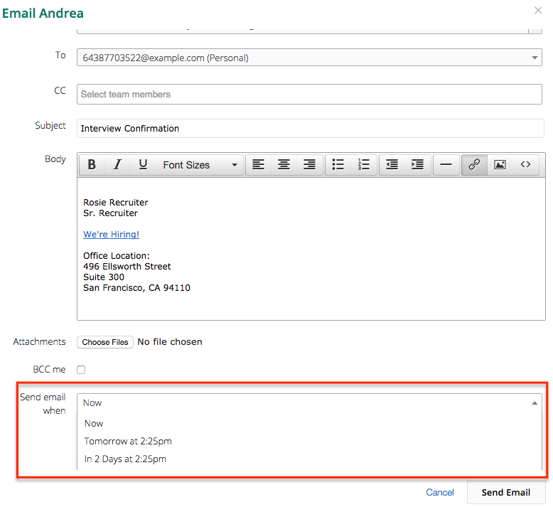 How do I schedule a candidate email to be sent at a later date/time ...