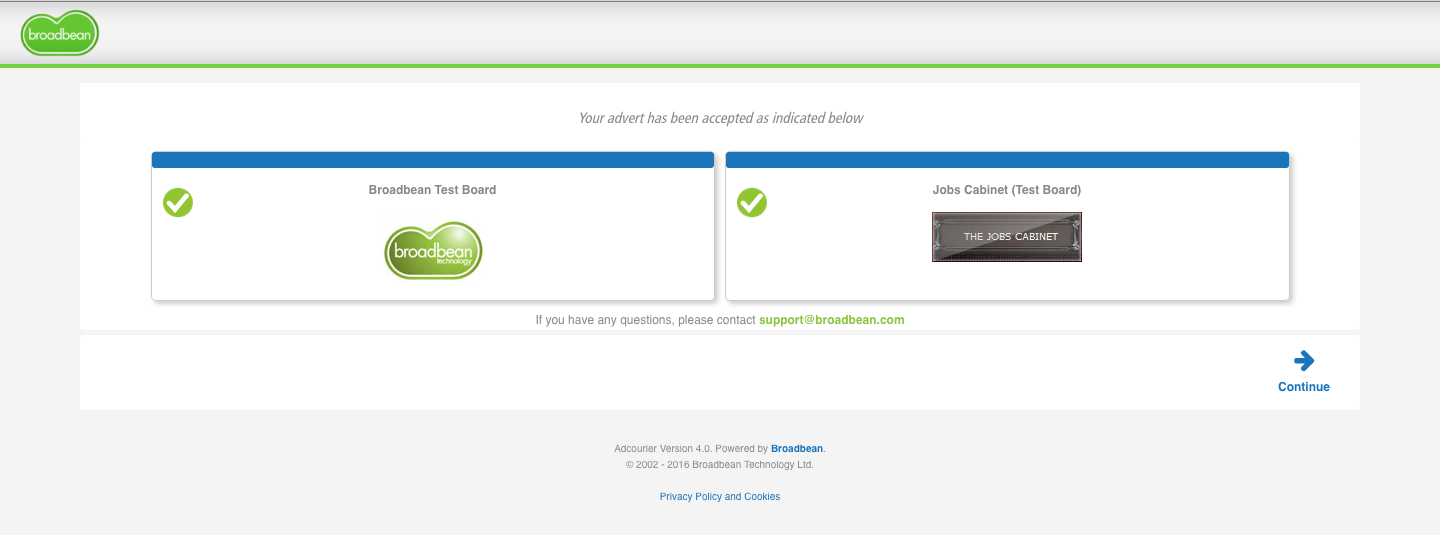 The Broadbean platform shows Continue button