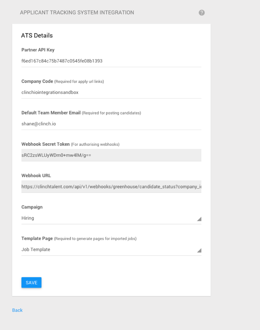 The Clinch platform shows an example integration form setup with the secret token and URL fields highlighted